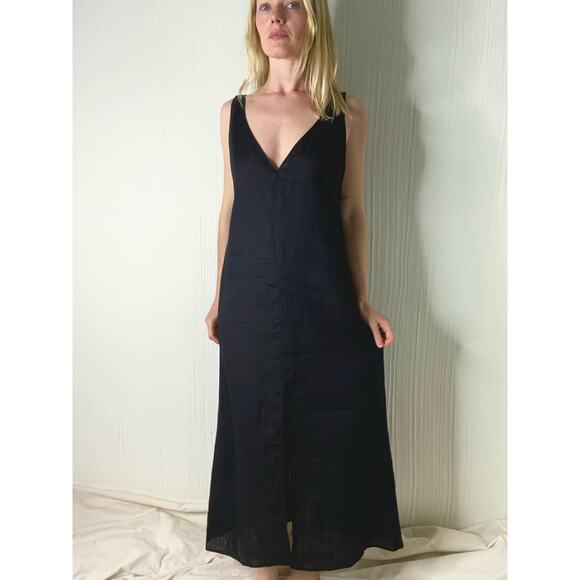 REFORMATION Black Linen V Neck Plunge Back Slit Maxi Dress US XS/S - Picture 2 of 9